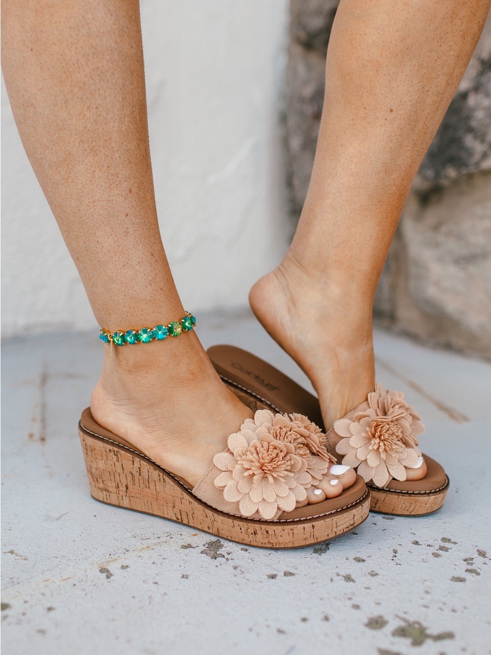 Corkys Floral Cork Wedge Slide Sandals - Beige 11
